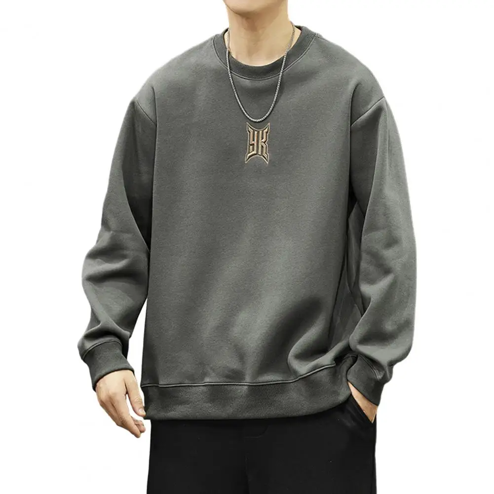 

Men Round Neck Sweatshirt Fall Winter Crew Neck with Embroidery Detail Loose Pullover
