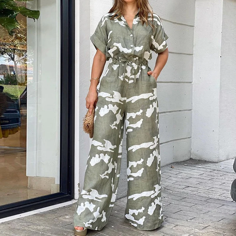 Women's New Summer Fashion Print Polo Neck Short Sleeve Button Shirt High Waist Lace Up Flare Wide Leg Casual Jumpsuit
Women's New Summer Fashion Print Polo Neck Short Sleeve Button Shirt High Waist Lace Up Flare Wide Leg Casual Jumpsuit