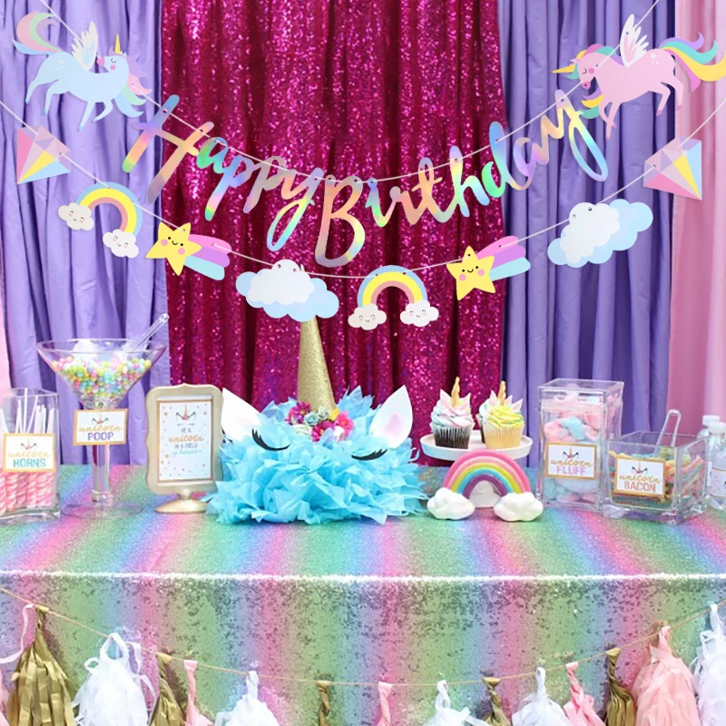 

1Set Cartoon Unicorn Party Decoration DIY Paper Pull Flag Happy Birthday Cloud Rainbow Fairy Garland Banner Kids Birthday Decor