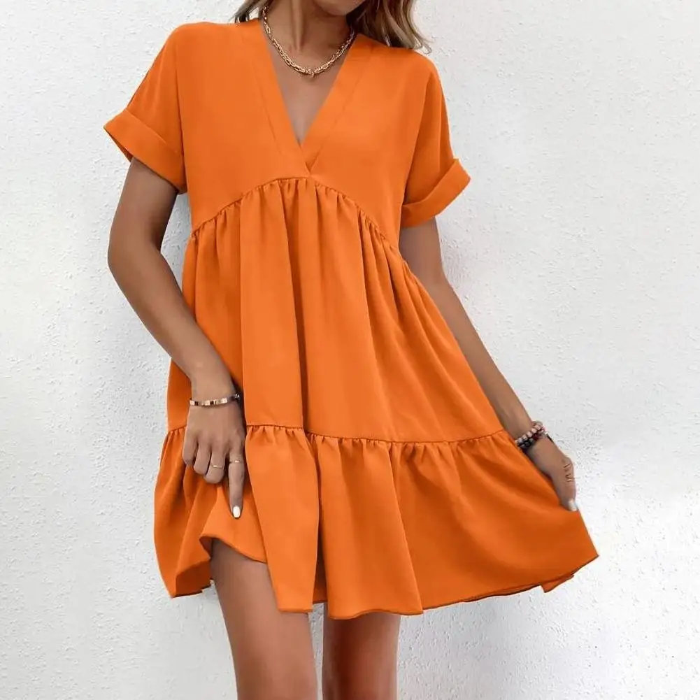

Pleated Dress Stylish V Neck Summer Dress with Short Sleeves A-line Silhouette for Women Loose Fit Big Swing for Dating