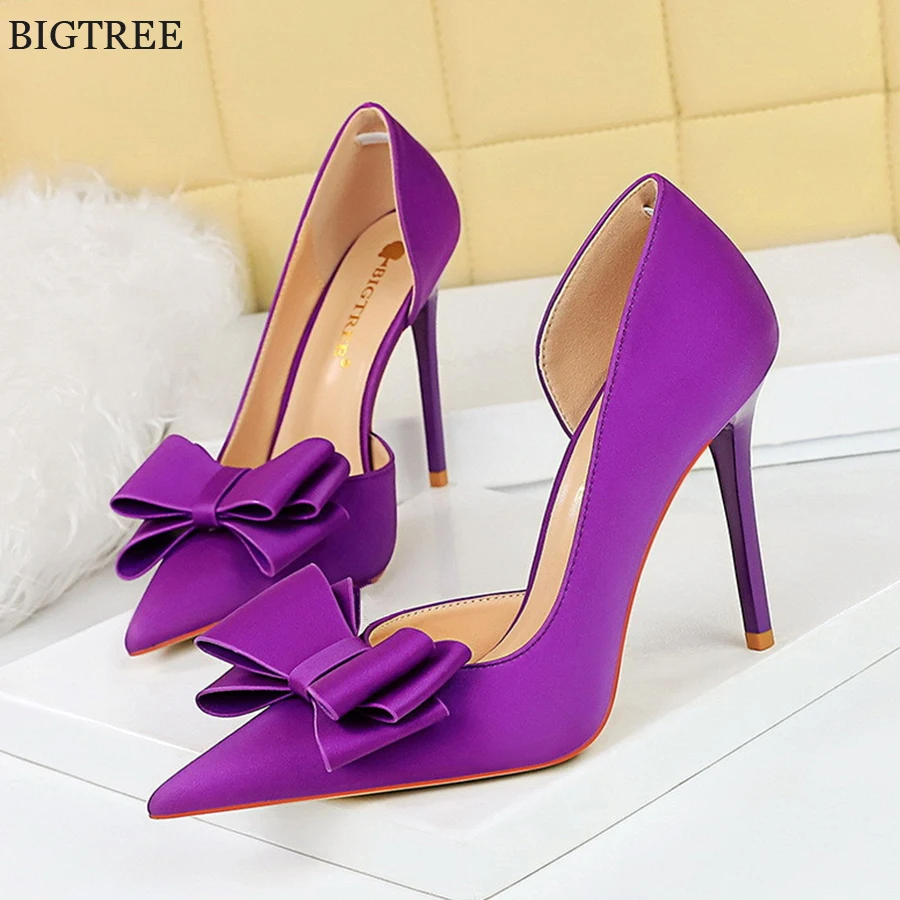 

BIGTREE/модные вечерние женские свадебные туфли-лодочки; Цвет фиолетовый, розовый; Элегантные женские туфли на высоком каблуке с закрытым носком и бантом-бабочкой