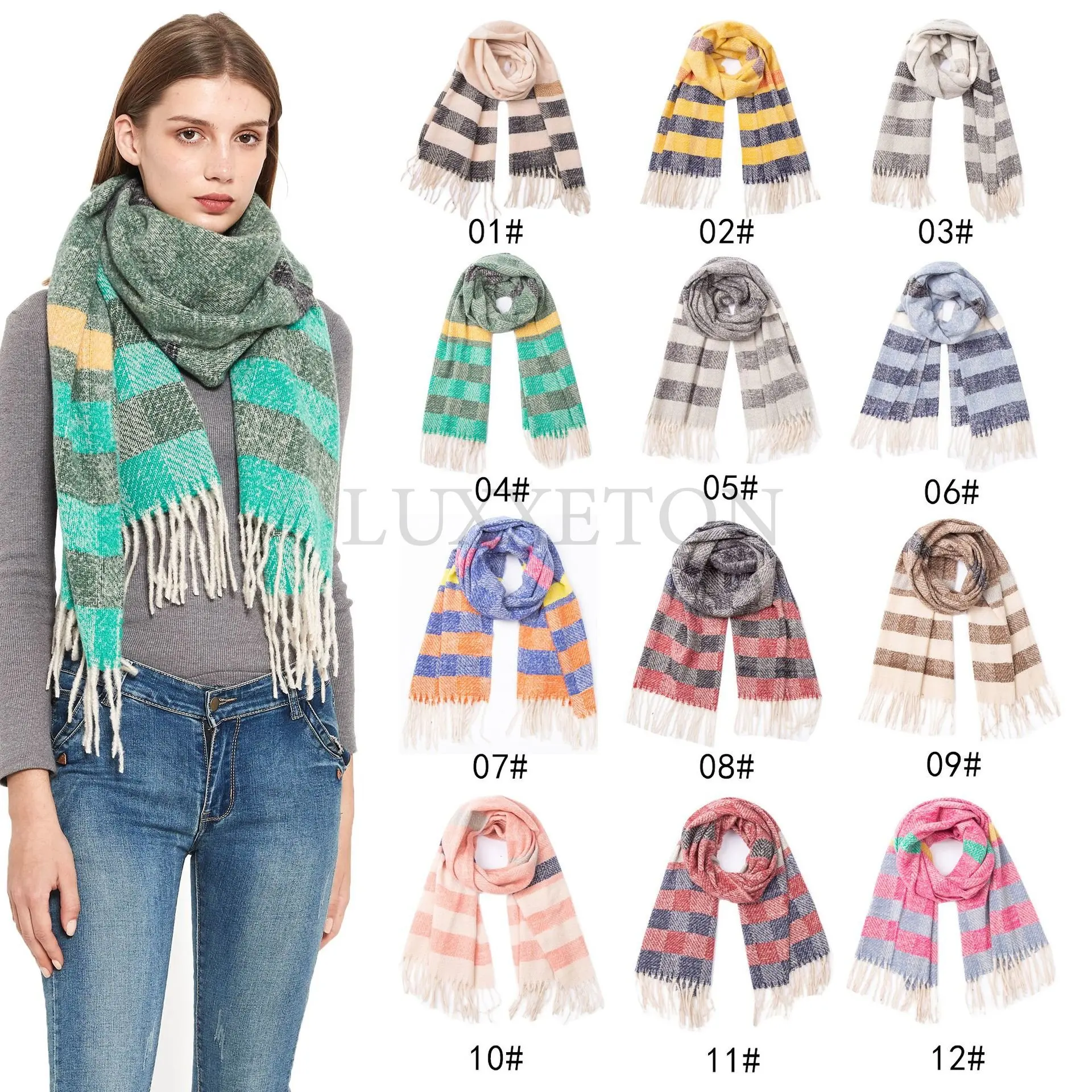 

Women Plaid Scarf Winter Pashmina Shawls Cashmere Thick Wraps Lady Tassel Warm Scarves Rainbow Hairy Bufanda