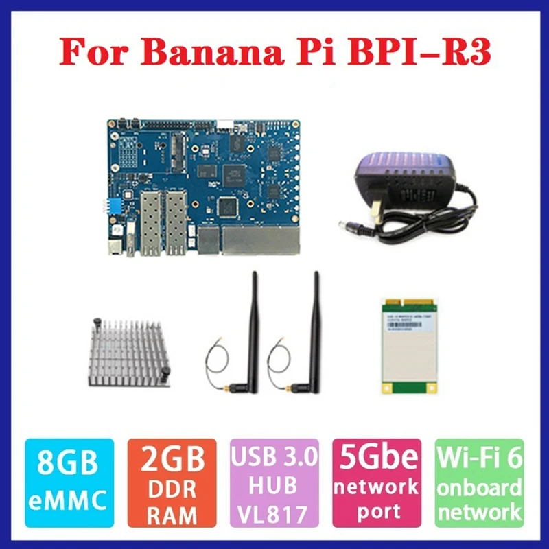 Для бананов PI BPI-R3 MT7986 2G + 8G EMMC 2X SFP роутер макетная плата с 4G модулем + радиатор + 2X антенны + Мощность
Для бананов PI BPI-R3 MT7986 2G + 8G EMMC 2X SFP роутер макетная плата с 4G модулем + радиатор + 2X антенны + Мощность