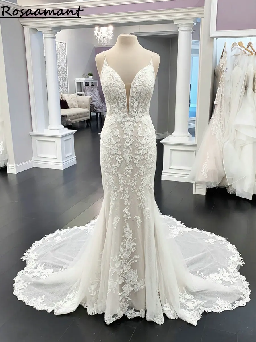 Real Image V-Neck Sleeveless Appliques Lace Mermaid Wedding Dresses Spaghetti Straps Backless Country Bridal Gowns
Real Image V-Neck Sleeveless Appliques Lace Mermaid Wedding Dresses Spaghetti Straps Backless Country Bridal Gowns