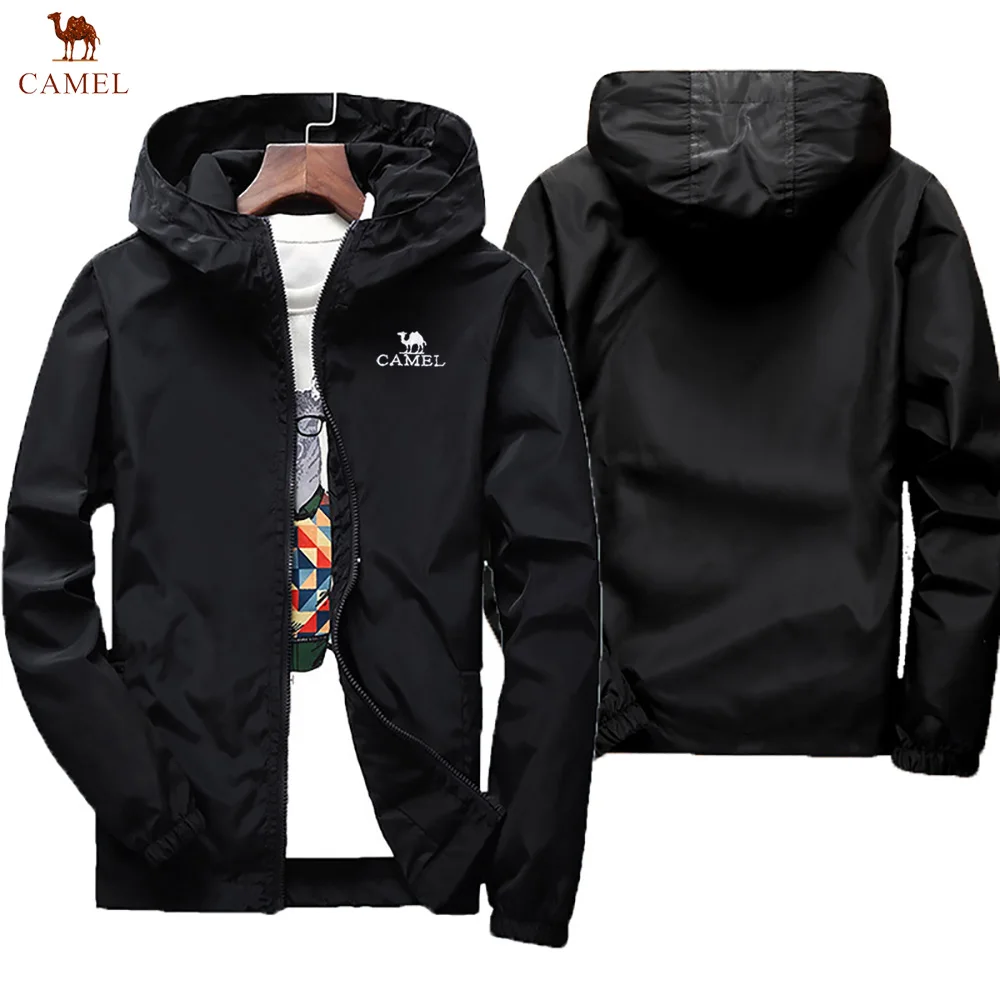 

Men's hooded sun protection jacket, loose zippered windproof casual jacket, camel embroidery, outdoor camping