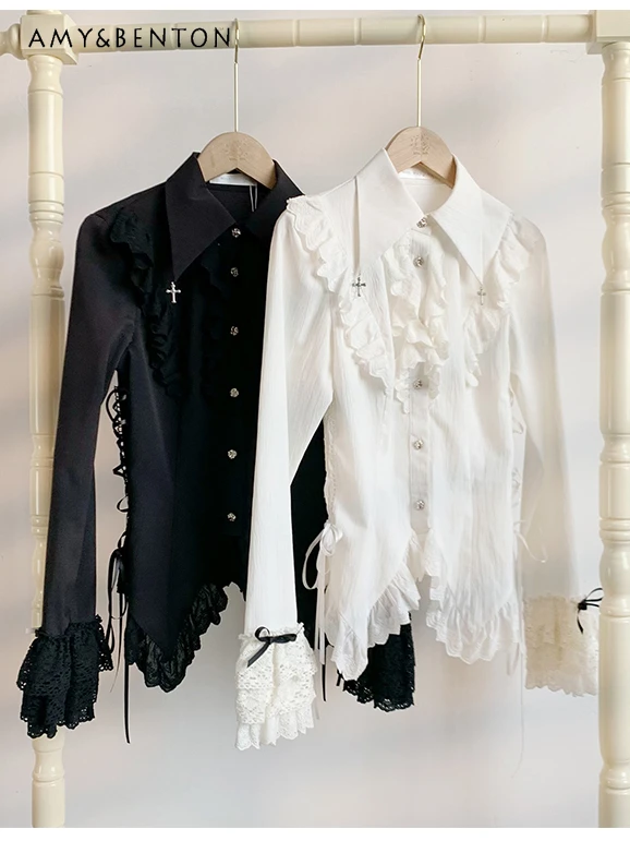 

Original Design Gothic Slim Camisas Spring Summer New All-Match Lolita Shirts Harajuku Lapel Long Sleeve Ruffled Blouse Women