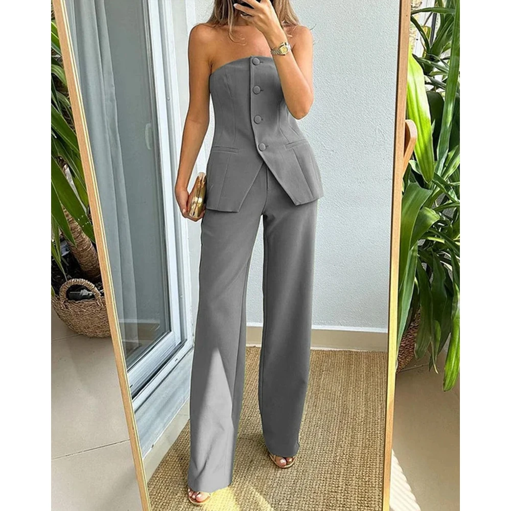 

Summer Business Attire for Women Fashion Buttoned Bandeau Blazer Top & Straight Leg Pants Sets Two Pieces Set Office Outfits y2k