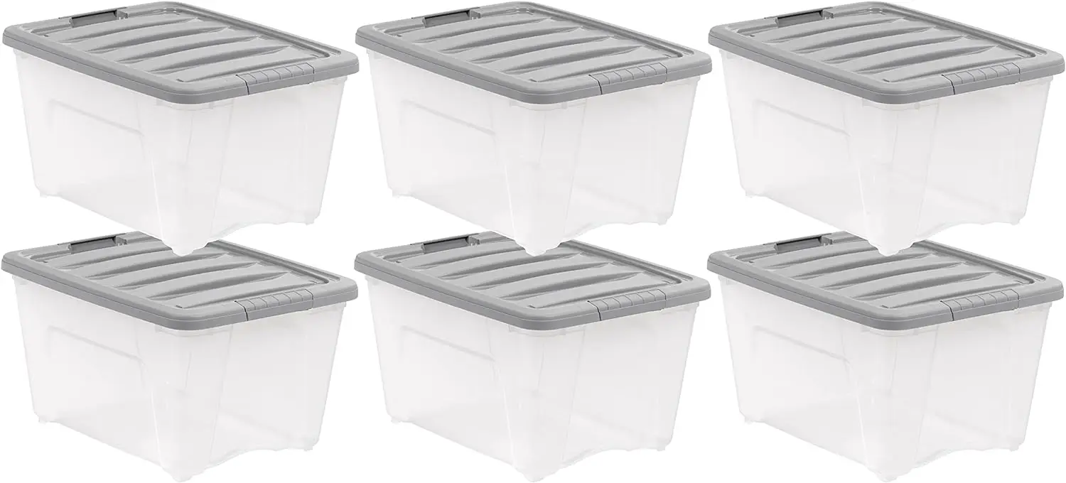 

Basics 32 Quart Stackable Plastic Storage Bin with Latching Lid- Clear/ Grey- Pack of 6
