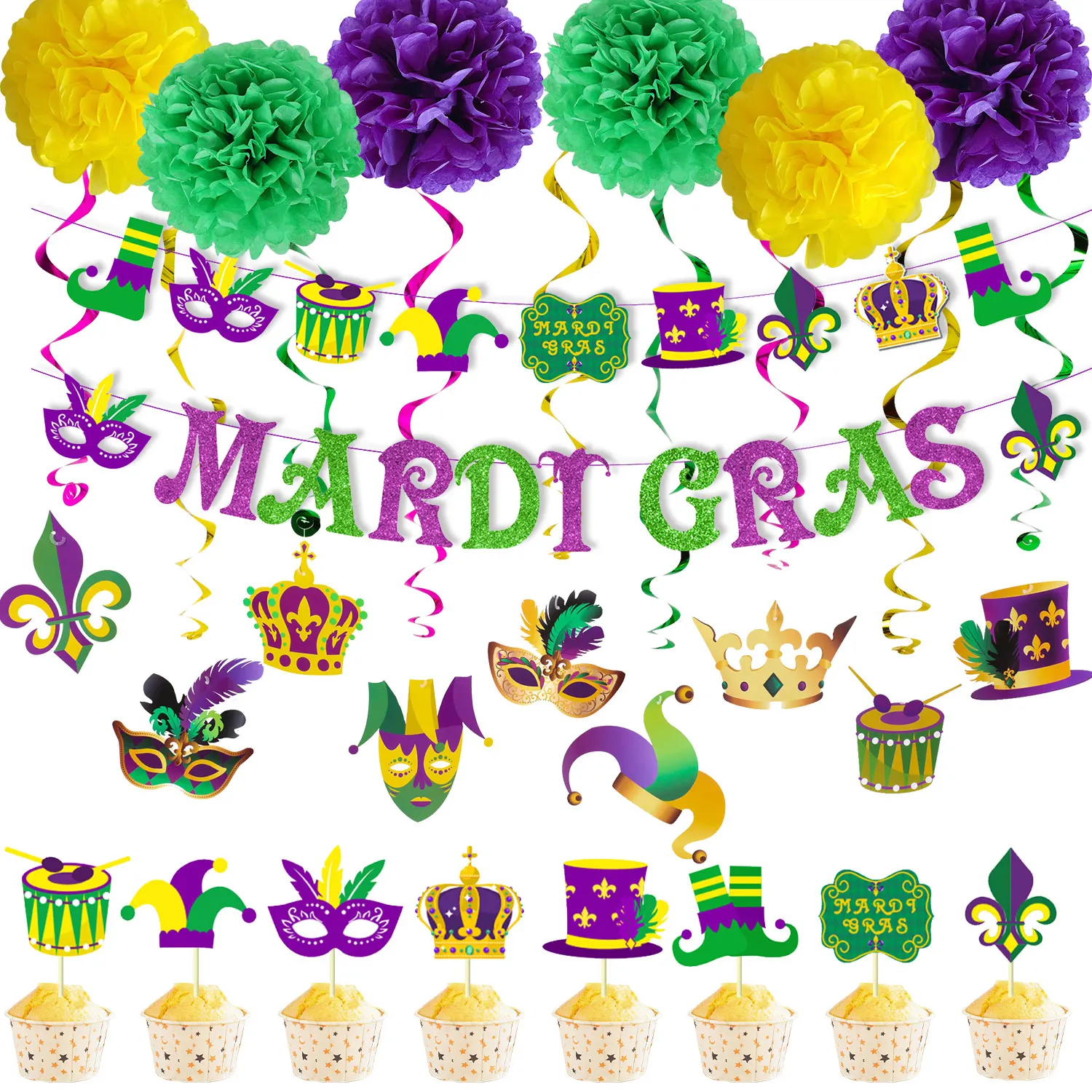 

Carnival Party Decorations, Mardi Gras Banner, Hanging Swirls Mask, Cake Toppers, Holiday Party Supplies, Home Decor