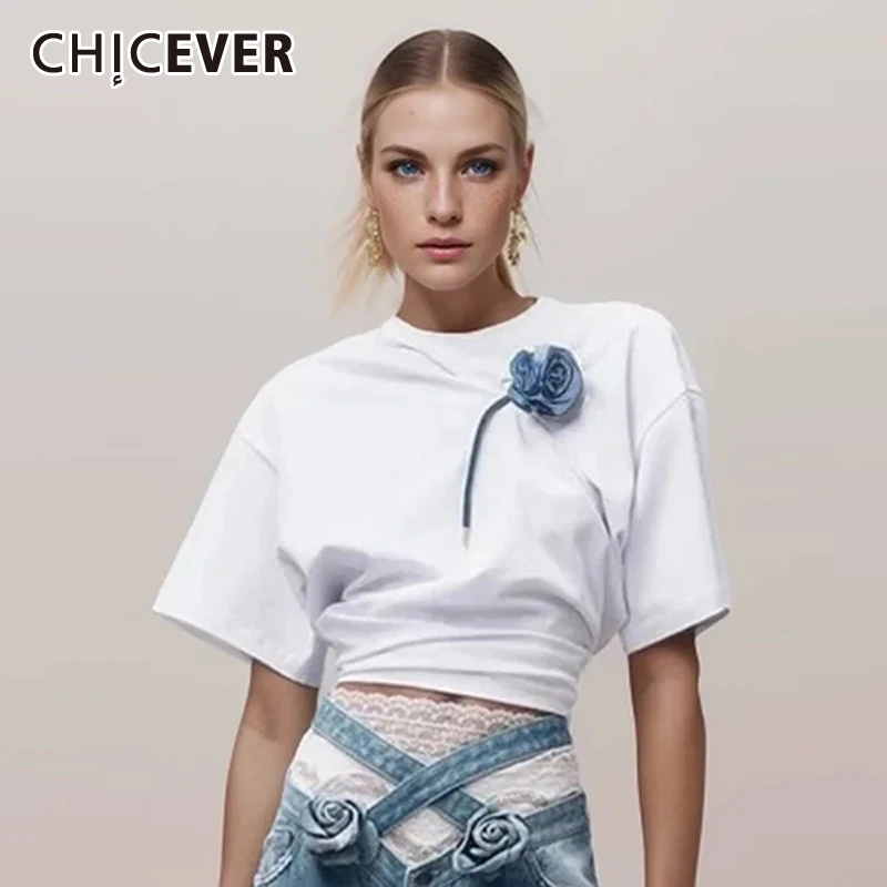 

CHICEVER Patchwork Appliques T Shirts For Women Round Neck Short Sleeve Folds Loose Casual Summer Pullover Tunic T Shirt Female