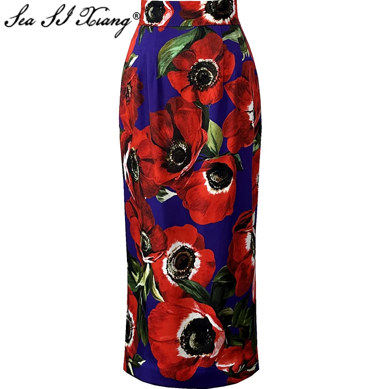 

Seasixiang Fashion Designer Summer Silk Pencil Skirt Women High Waiste Sea Anemone Flower Print Office Lady Slit Skirt
