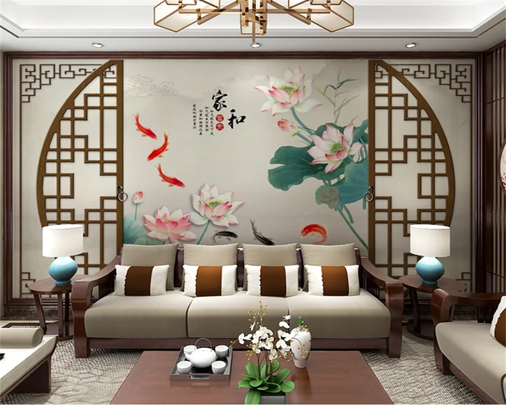 

beibehang papel de parede Custom New Chinese Modern Lotus Sofa TV Background Living Room Hotel Lobby Wallpaper papier peint
