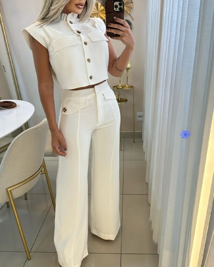 

New Two Piece Set for Women 2024 Ladies Office Elegant Solid Color Striped Frill Hem Stand Collar Top & Flap Detail Pants Set