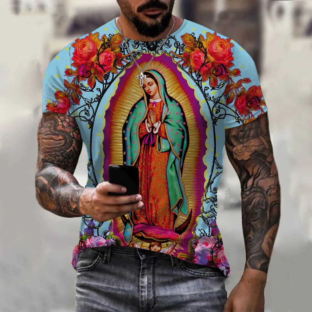 

Camiseta con estampado 3D de la Virgen María para hombre y mujer, camisa de manga corta de gran tamaño, ropa de calle