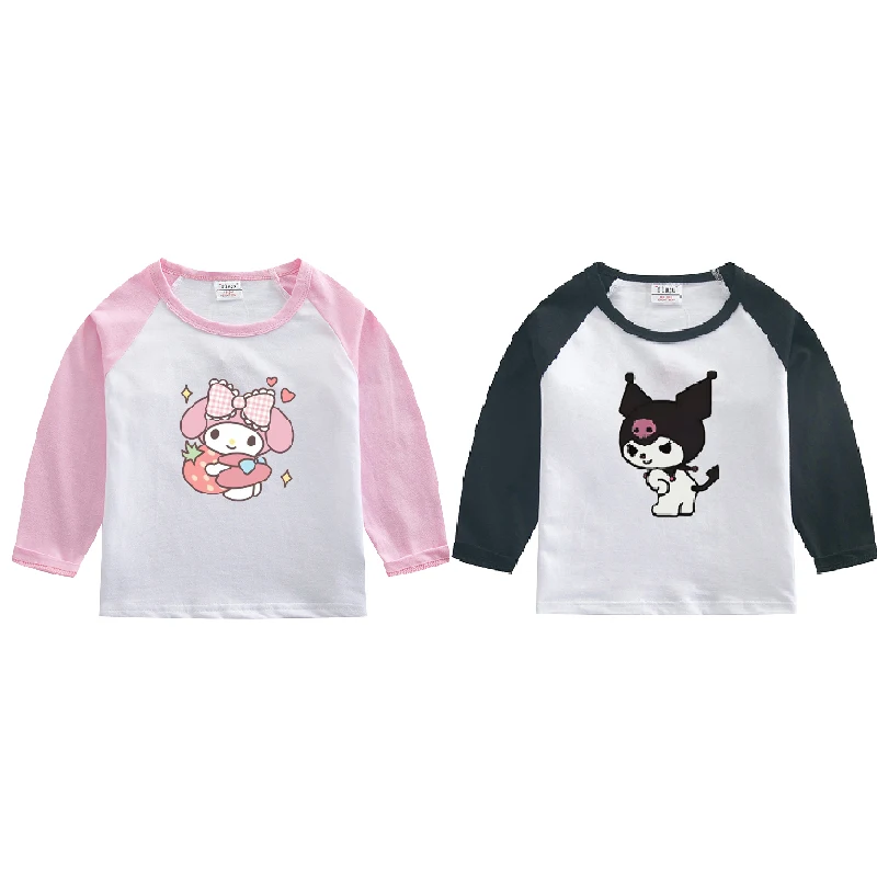 

Новинка, Детская футболка Sanrio Kuromi Cinnamoroll, весенне-осенняя хлопковая рубашка с длинным рукавом и мультипликационным принтом, топы, детские подарки