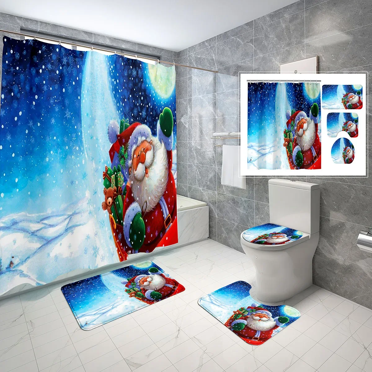 

4 шт. рождественские занавески для душа, Набор рождественских праздничных занавесок для ванной, занавеска для душа, нескользящий коврик для ванной, чехол для туалета