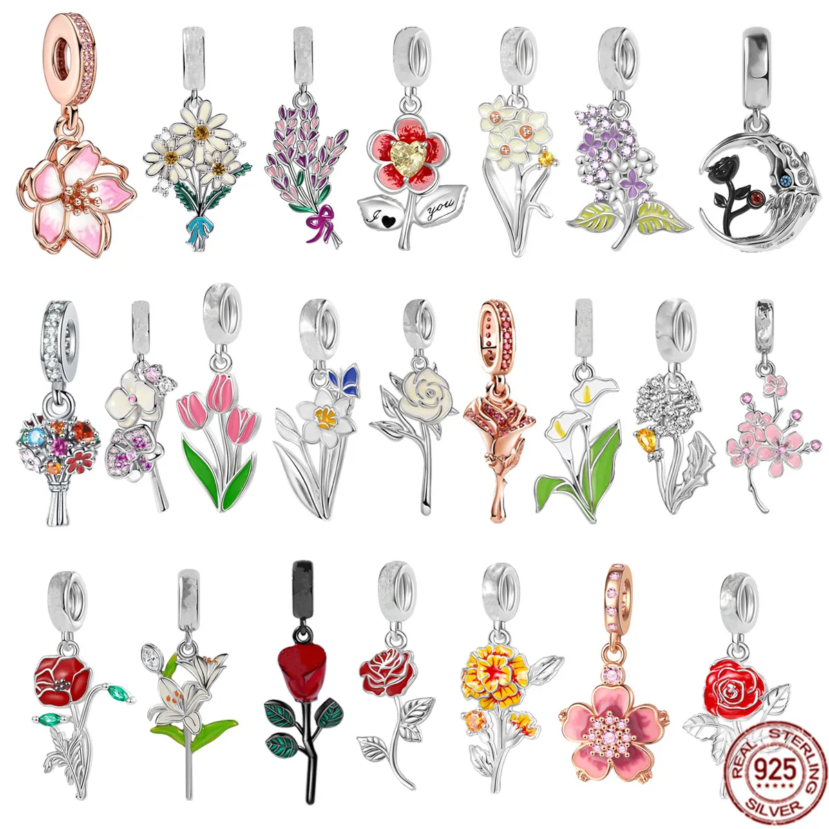 

Rose Tulip Lilac Lavender Daisy Moth Orchid Flower Dangle Charms Beads 925 Sterling Silver Fit Original Pandora Bracelet Jewelry