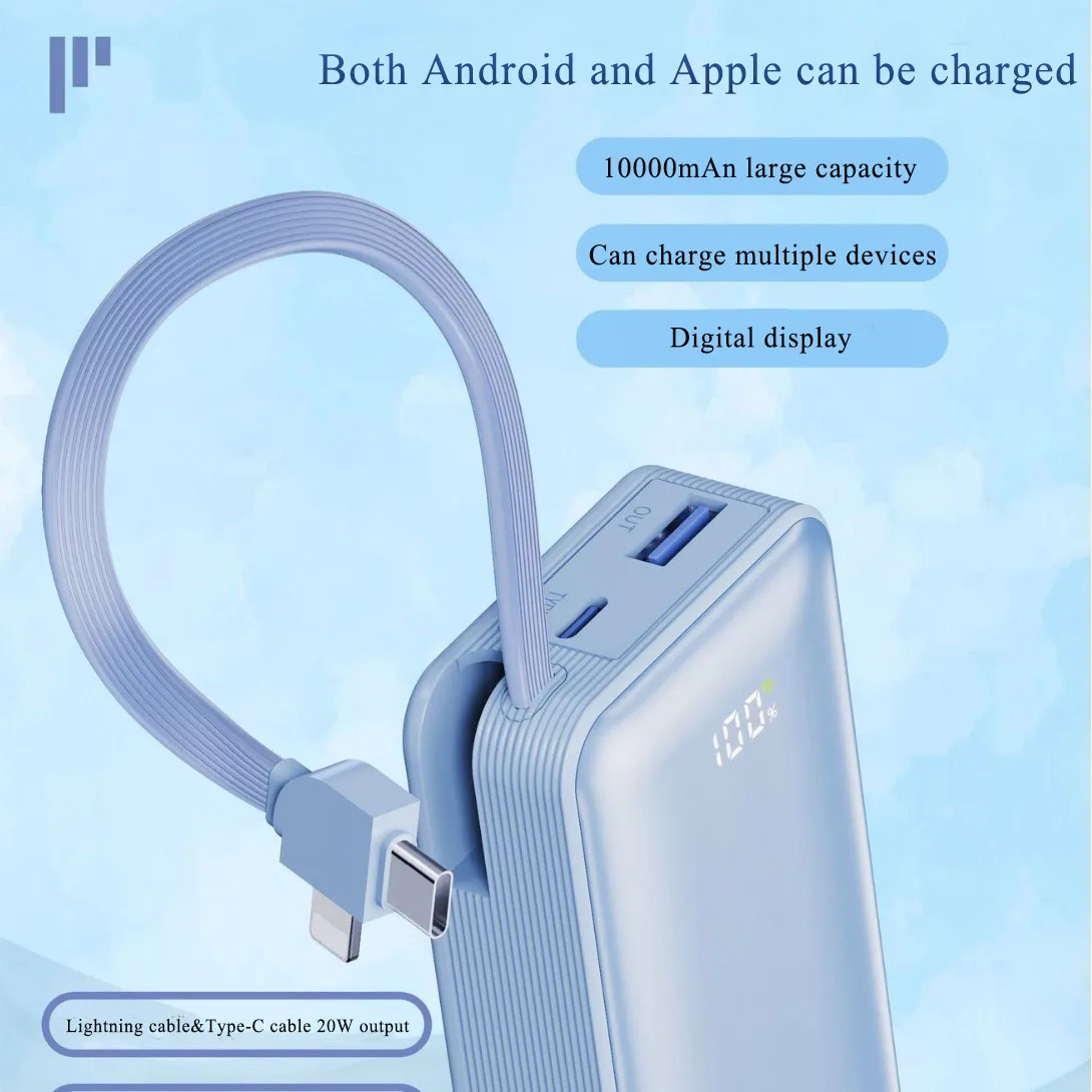 Внешний мини-аккумулятор со встроенными кабелями, 10000 мАч
Внешний мини-аккумулятор со встроенными кабелями, 10000 мАч