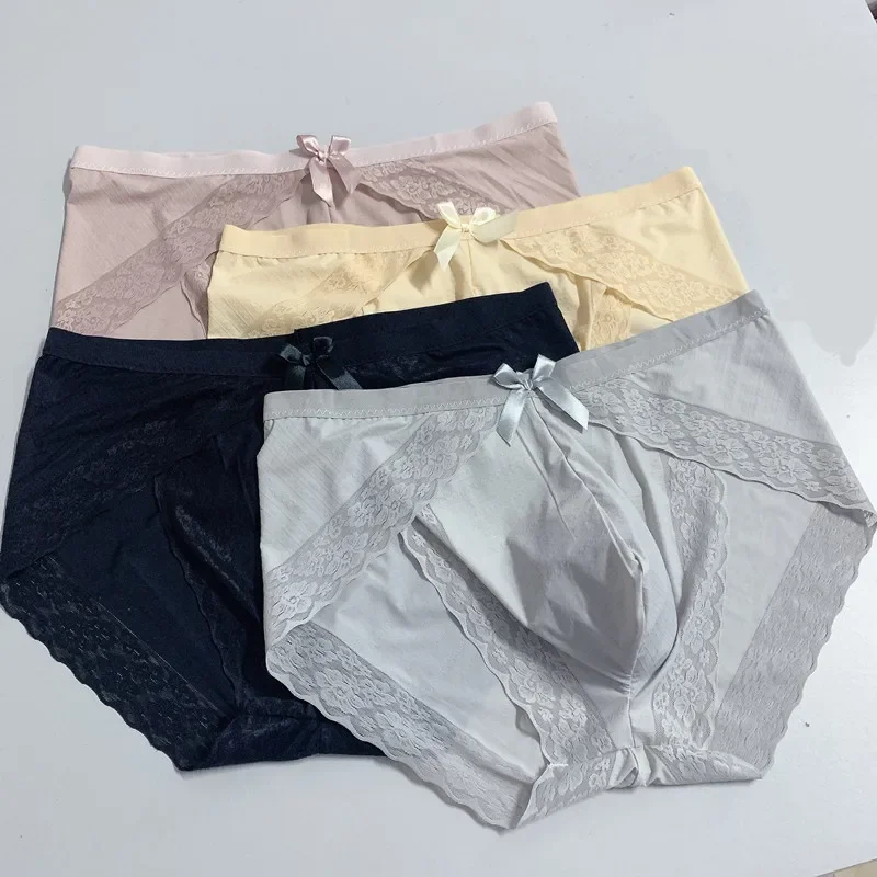 

2pcs Plus Size Mens Sexy Briefs Lace Silky Underwear Breathable Bulge Pouch Panties Underpants Gay Sissy Panties Male Lingerie