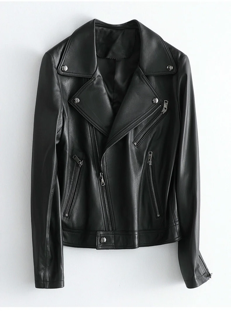 

2024 New Genuine Leather Jacket Women Short 100% Sheepskin Coat Female Motorcycle Biker Clothes Spring Autumn Femme Veste