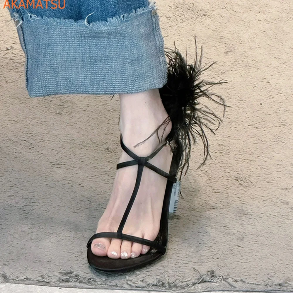 

Feather Peep Toe T-tied Women Sandals Slingback Slip On Stiletto Heels Solid Fashion Sexy Party Summer 2023 New Arrivals Shoes