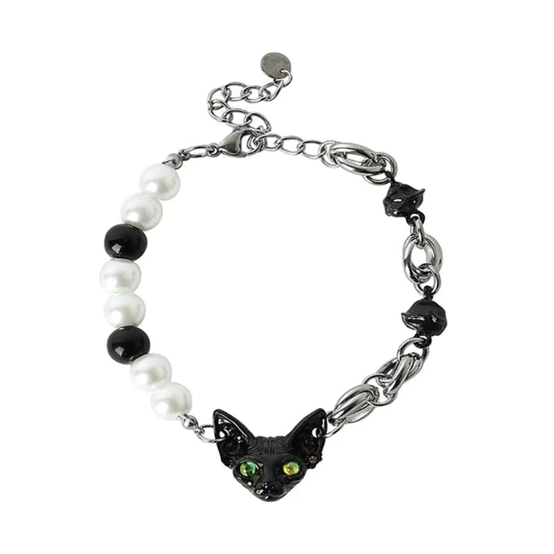 

Stylish and Cool Black Cat Punk Bracelet for Women Men Pearl Beaded Bangle Bracelet Gift for Hip Hop Jewelry Ornament 264E