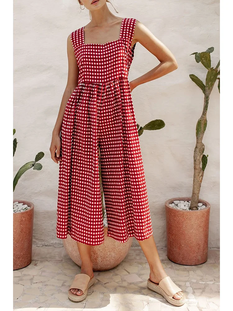 

2023 Summer Women's Jumpsuit Wide Leg Red Plaid Square Neck Sleeveless Loose Fitting Fashion Sangria Women's Clothing