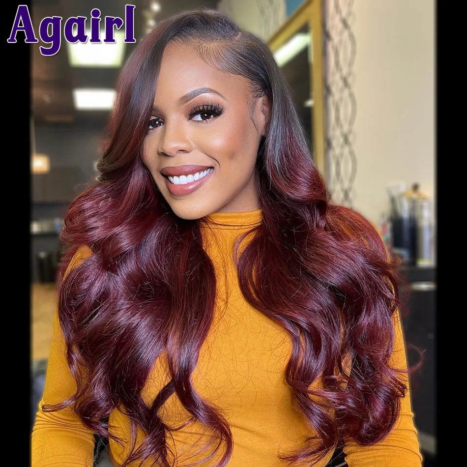 

Ombre Dark Burgundy With Black Root Transparent 13X4 13x6 Body Wave Lace Front Human Hair Wigs Glueless Pre Plucked 6X4 Lace Wig