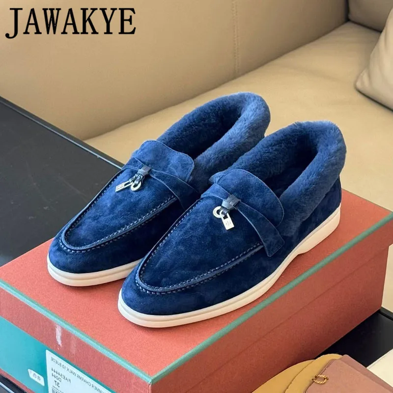 Winter Female Shoes Natural Wool Fur Loafers Italian Brand Metal Lock Kid Suede Leather Moccasins Luxury Brand high-grade shoes
Winter Female Shoes Natural Wool Fur Loafers Italian Brand Metal Lock Kid Suede Leather Moccasins Luxury Brand high-grade shoes
