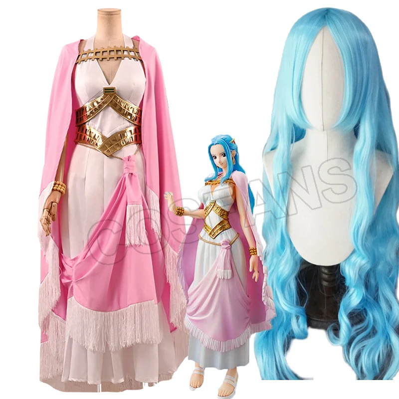 

Anime One Piece Cosplay Nefeltari Vivi Princess Elegant Dresses Pink Cloak Halloween Role Play Costumes Wig Long Blue Hair Props