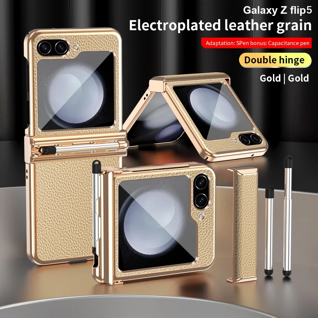 Fashion Lychee With S Pen Case For Samsung Galaxy Z Flip 5 Flip 4 Flip 3 5G Plating Frame with Double hinge Cover
Fashion Lychee With S Pen Case For Samsung Galaxy Z Flip 5 Flip 4 Flip 3 5G Plating Frame with Double hinge Cover