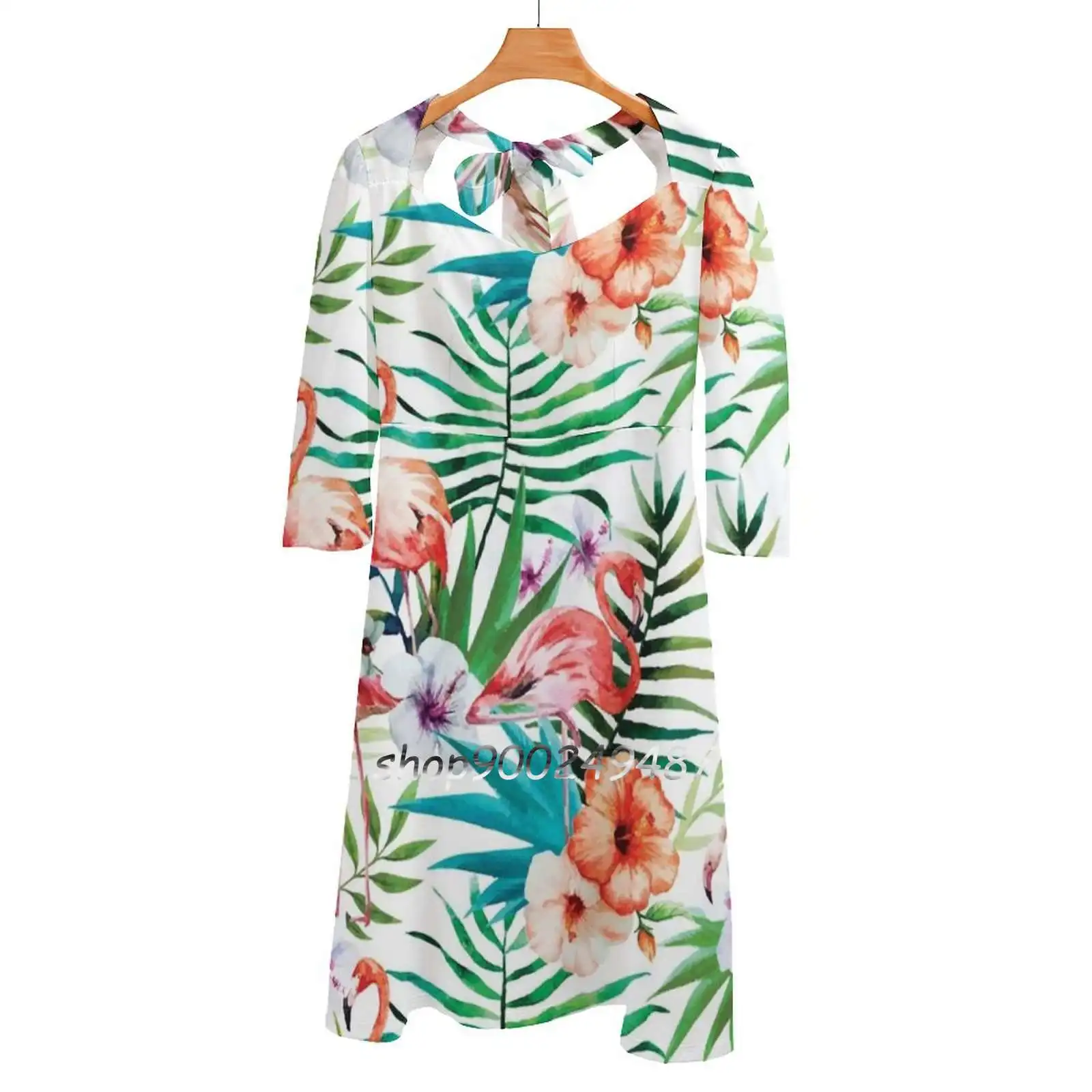 

Tropical Colorful Flamingo Pattern Sweetheart Knot Flared Dress Fashion Design Large Size Loose Dress Flamingo Floral Colorful