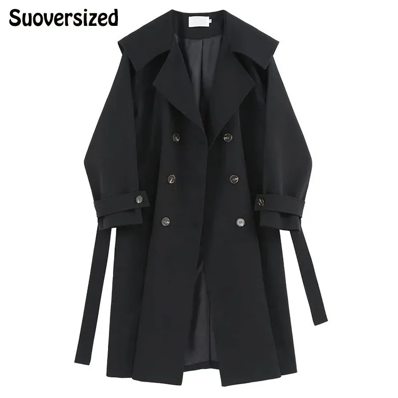 

Women Design Lapel Sashes Loose Windbreaker Korean Fashion Long Trench Coats Solid Lined Double-Breasted Overcoat Spring Jacket