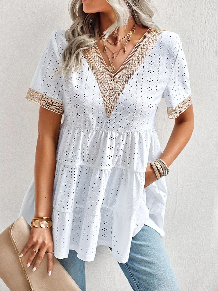 2023 Summer V-neck Short-sleeved T Shirt Women Korean Hollowed-out Floral Elegant Long Blouse Shirts for Women
2023 Summer V-neck Short-sleeved T Shirt Women Korean Hollowed-out Floral Elegant Long Blouse Shirts for Women