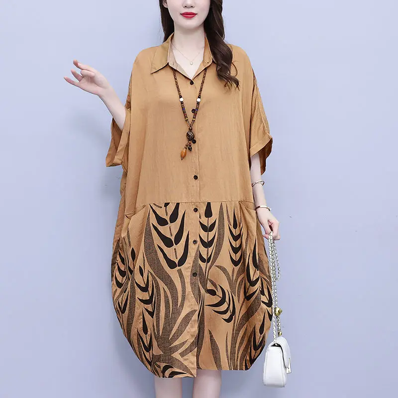 

Fashion Lapel Printing Asymmetrical Batwing Sleeve Casual Dresses Women Clothing 2024 Summer New Oversized Commuter Shirt Dress