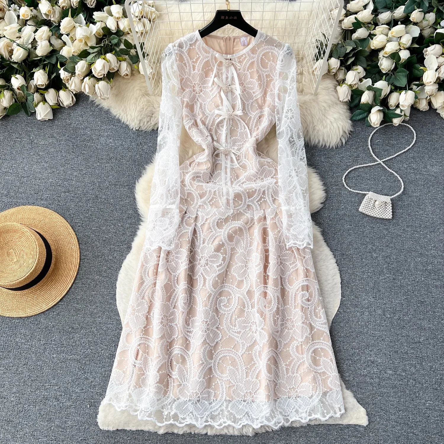 

JAMERARY Autumn Elegant Crochet Embroidery Flower Mesh Lace Prom Dress Women's Long Sleeve Diamonds Bow Party Midi Vestidos