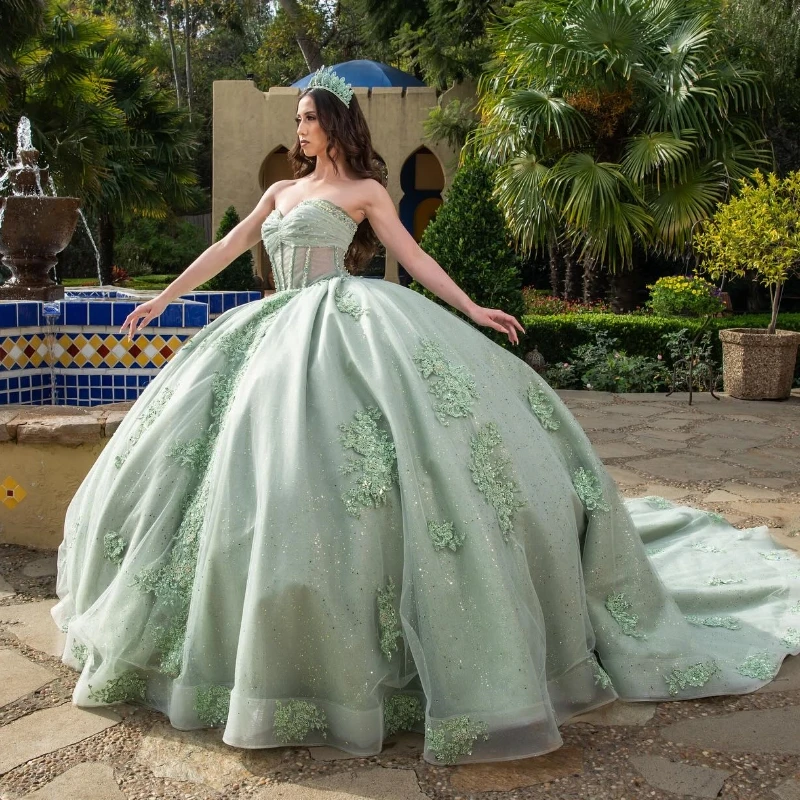 

Light Green Glitter Tulle Princess Quinceanera Dresses Off Shoulder Applique Lace Beads Floral Lace-up Prom vestido de 15 verde