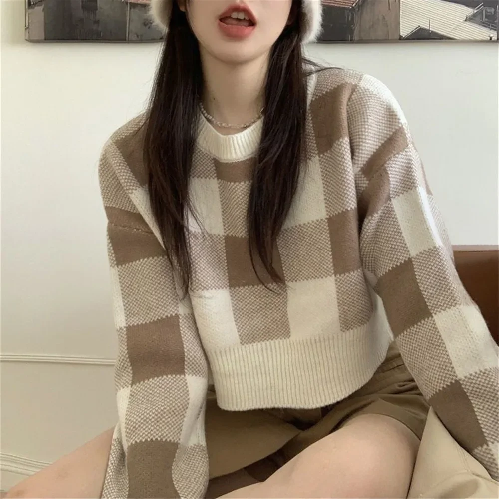 

Винтажный клетчатый укороченный свитер, простая Милая трикотажная одежда, женский укороченный топ для студентов, Модный корейский пуловер с круглым вырезом в стиле преппи