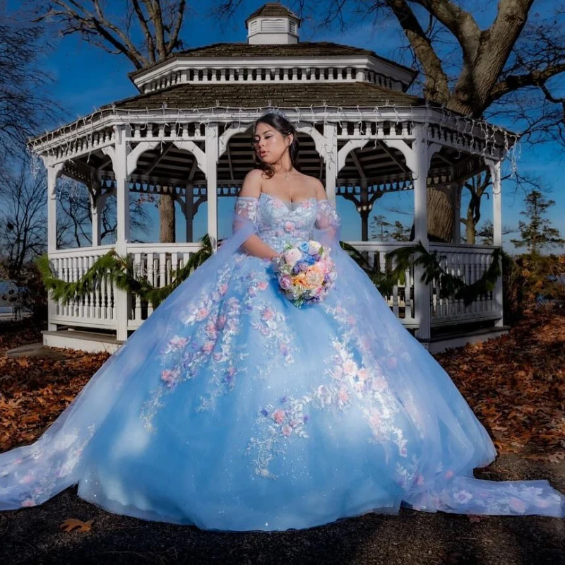 

Блестящее бальное платье небесно-голубого цвета, платья для Quinceanera, кружевное платье-баллон с 3D цветочной аппликацией, 15 лет, корсет, платье для 16-го дня рождения