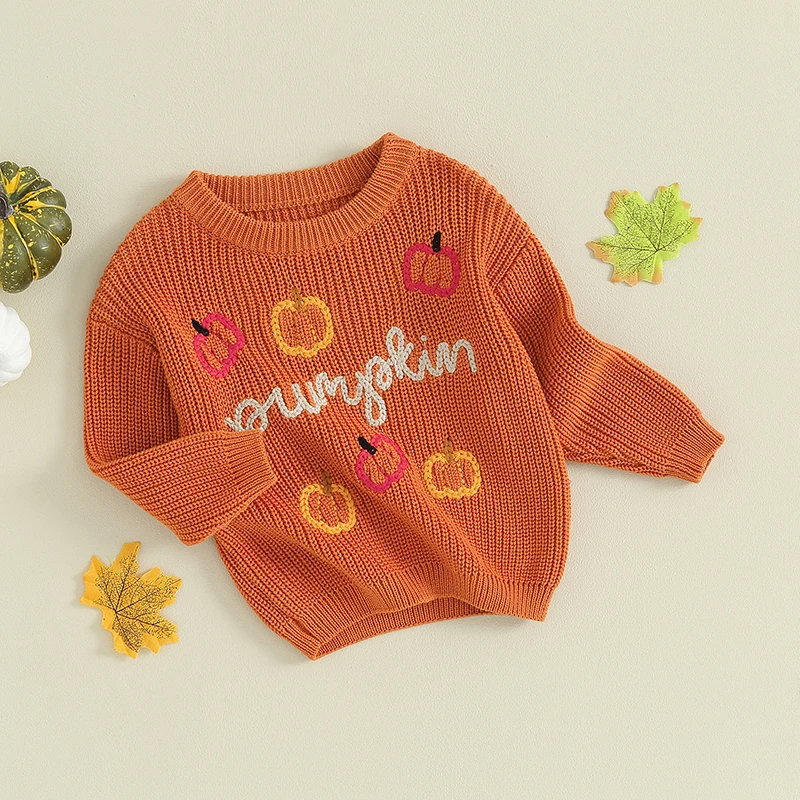 

Осенний свитер для маленьких мальчиков и девочек, пуловеры с круглым вырезом и длинными рукавами с вышивкой тыквы, одежда для Хэллоуина, джемперы, топы