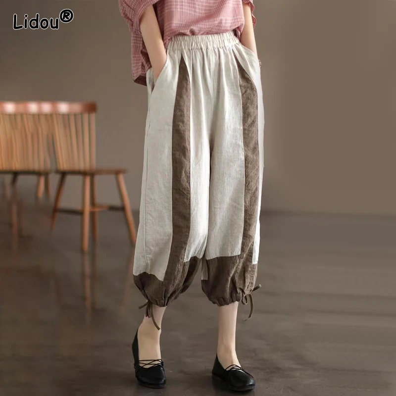 

2023 Summer Retro Art Minimalist High Waist Pocket Panel Contrast Color Tie Feet Loose Leisure Oversize Capri Pants for Women