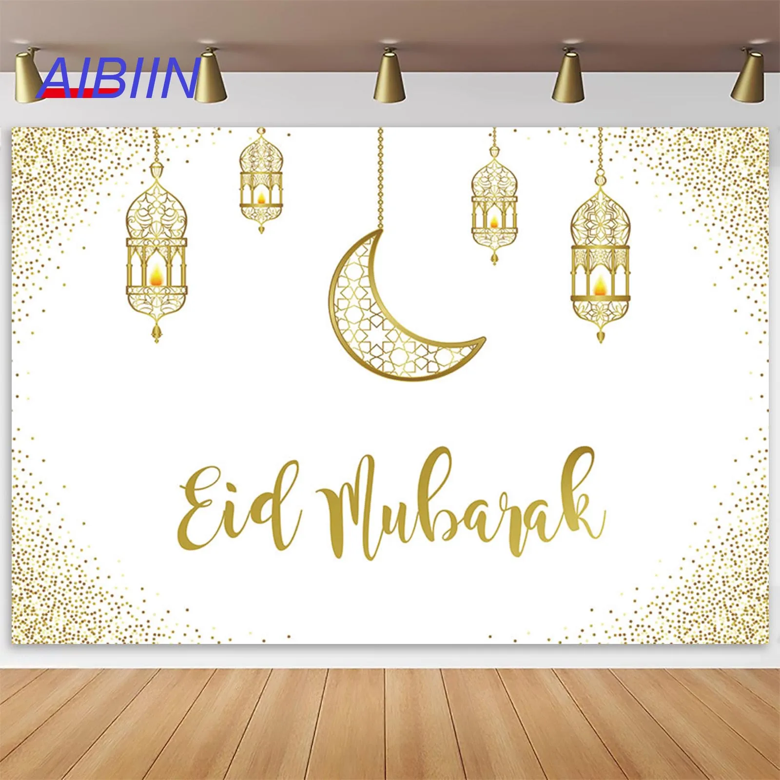 

AIBIIN Eid Mubarak Photography Backdrop Moon Mosque Lantern Ramadan Arabian Nights Eid al-Fitr Background Gold Dots Party Decor