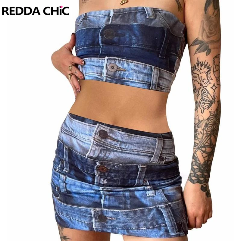 

ReddaChic 3D Denim Print Corset Cropped Top Backless Slim Fit Boob Tube Top Sexy Sleeveless Female Top 90s Retro Y2k Streetwear