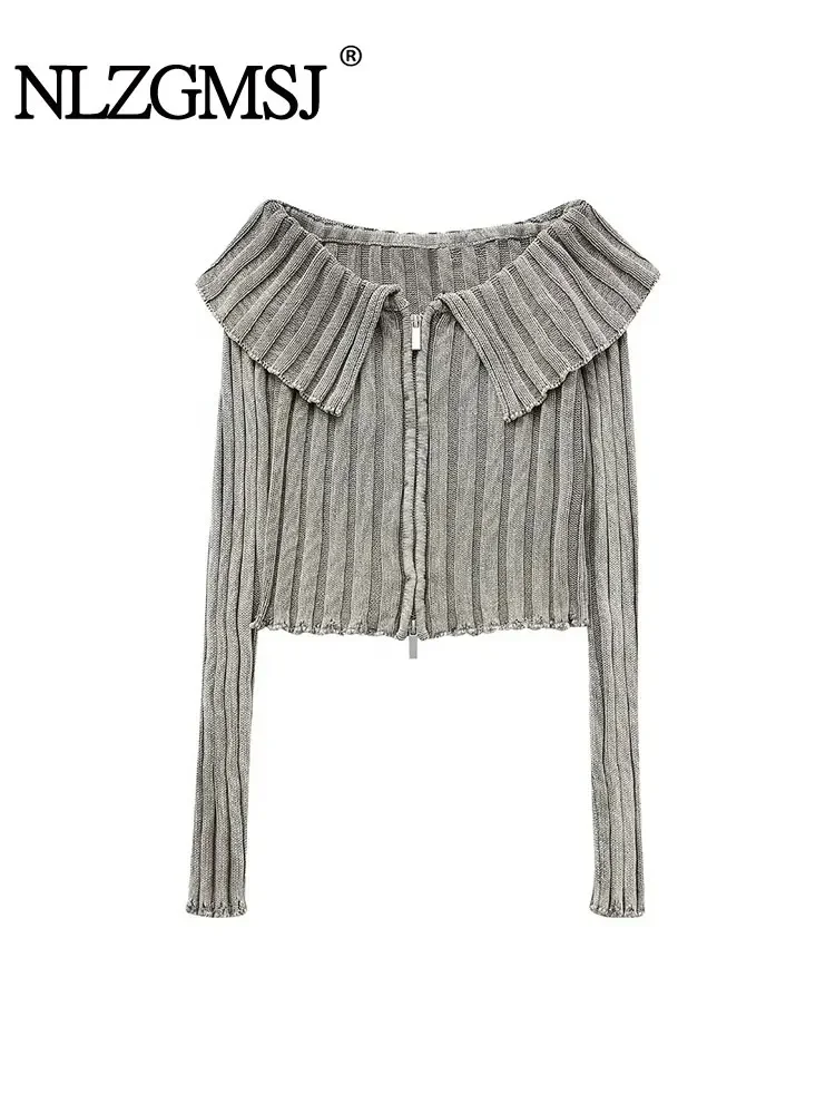 

Nlzgmsj TRAF 2024 Female Cardigan Long Sleeve Rib Knit Sweater Woman Elegant Off Shoulder Zipper Crop Cardigans Coat