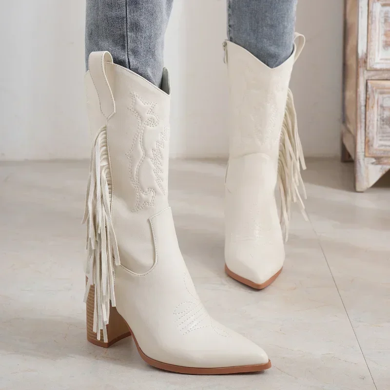 

Женские ковбойские сапоги до колена, белые сапоги из искусственной кожи с острым носком, на квадратном каблуке, в западном стиле, для осени