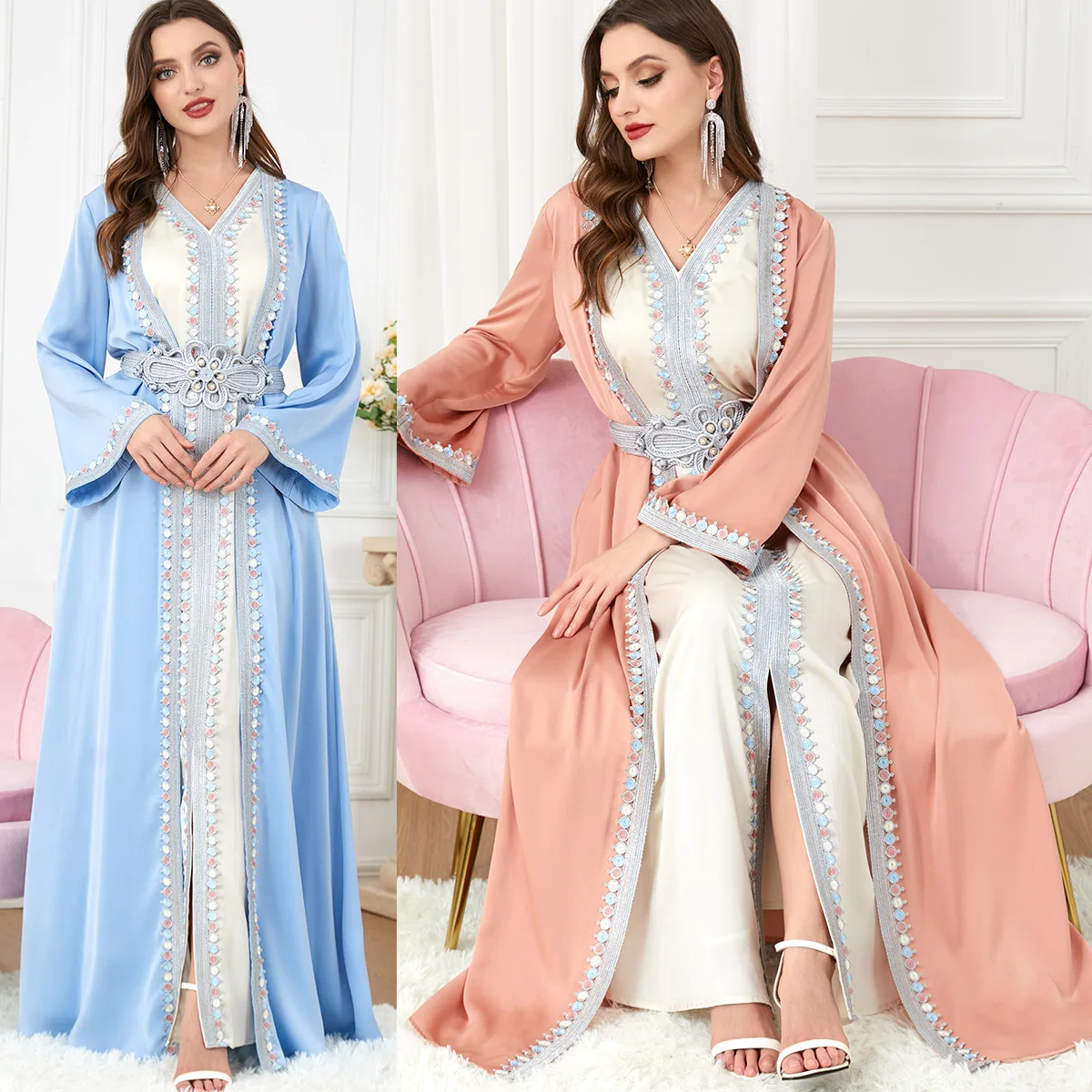 

V-neck Slit Women Dress Muslim Set Abaya Party Dubai Robes Turkey Islam Long Evening Dresses Arabia Musulmane Elegant Vestido