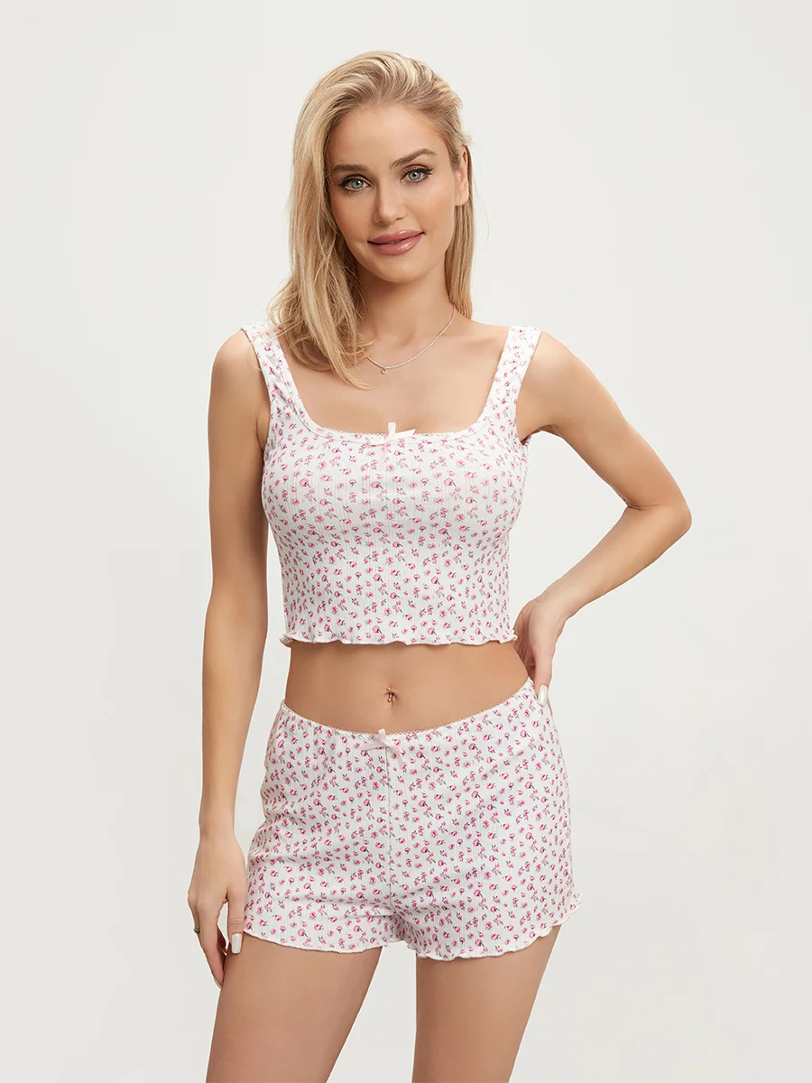 

Women Y2K Floral Pajama Set Spaghetti Strap Cami Crop Tops and Shorts Rib Knit Lounge Set Sexy 2 Piece Outfits