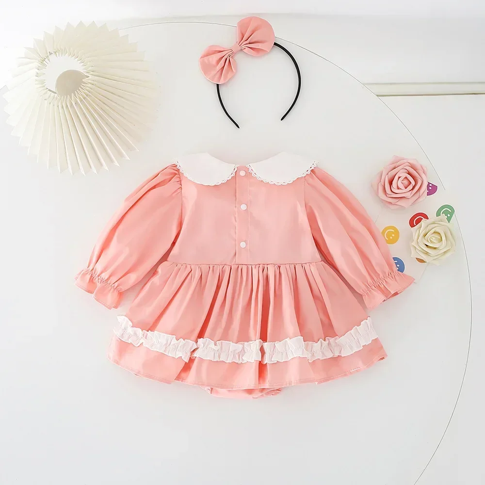 

2024 Spring New in Infant Baby Girls Cute Clothes Kids Peter Pan Collar Lace Ruched Jumpsuits Newborn Bodysuits+headbands 0-24M