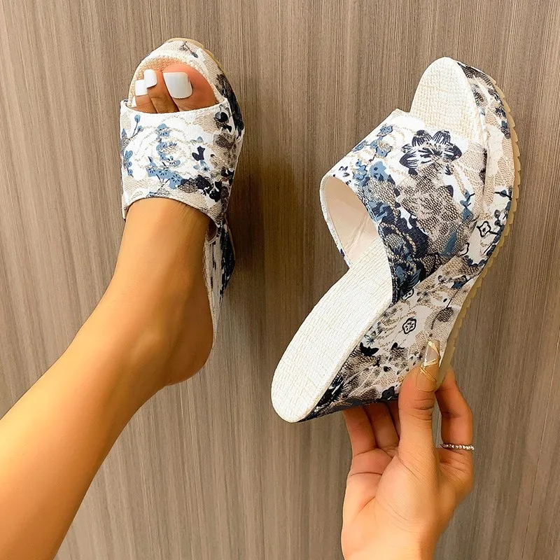 Women's Floral Print Thick-soled Wedge Heels, Fashion Open-toe Non-Slip High Heels, Outdoor Galoshes Sandals 24 S39f380629d564a888682f7c686a28f70D