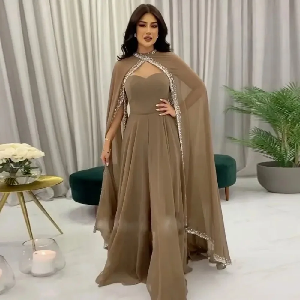 

Dubai Arabic Moroccan Kaftan Long Luxury Evening Dress with Cape Long Sleeve Beads Crystal Muslim Formal Dress Party dress Robes